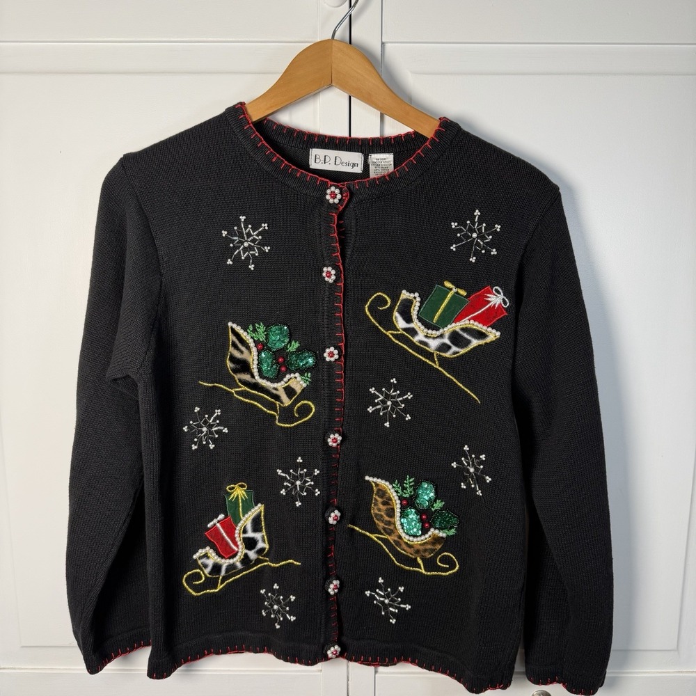 B. P. Design Vtg. Women's‎ Embellished Cardigan Sweater Christmas Black Small